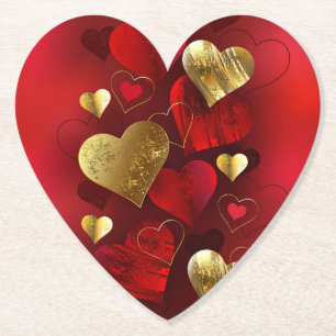 Golden and red valentines paper coaster