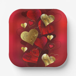 Golden and red valentines paper plate