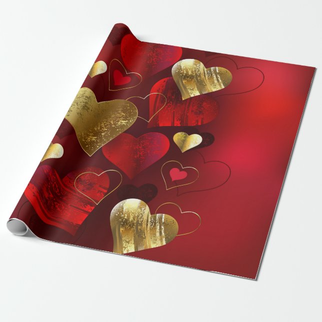 Golden and red valentines wrapping paper (Unrolled)