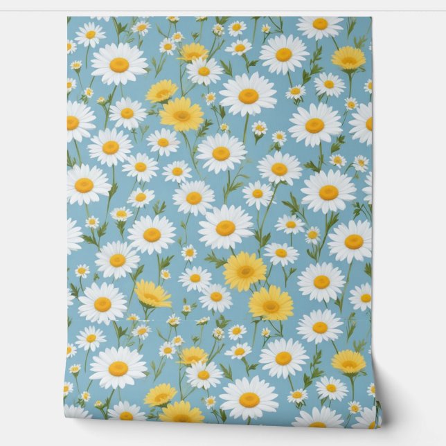 Golden and White Daisies Dancing on a Sky Blue Fie Wallpaper (Unrolling)