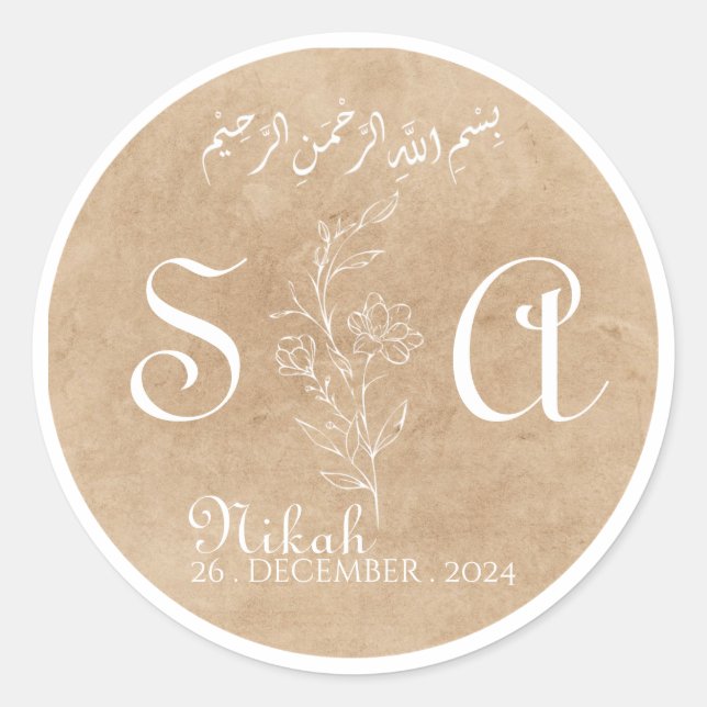 golden and white Elegant Floral Wedding event Classic Round Sticker (Front)