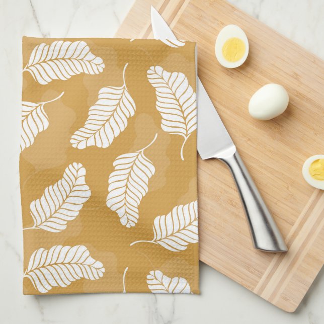 Golden And White Leaves Tea Towel (Quarter Fold)