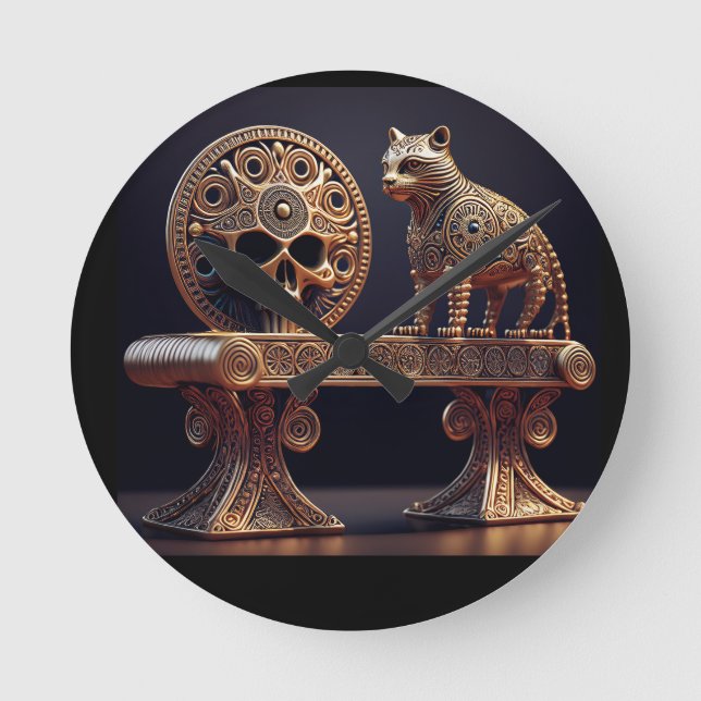 Golden Android Cat On Pedestal With Skull Shield Round Clock (Front)