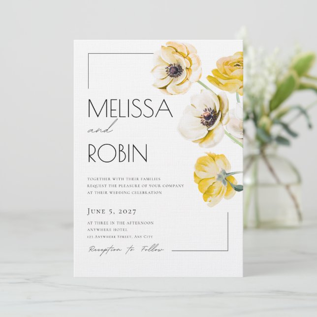 Golden Anemone Flower Minimal Wedding Invitation (Standing Front)