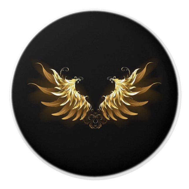 Golden Angel Wings on Black background Ceramic Knob (Front)