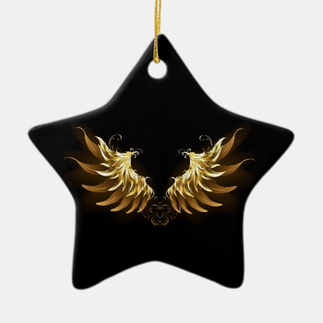 Golden Angel Wings on Black background Ceramic Tree Decoration (Front)