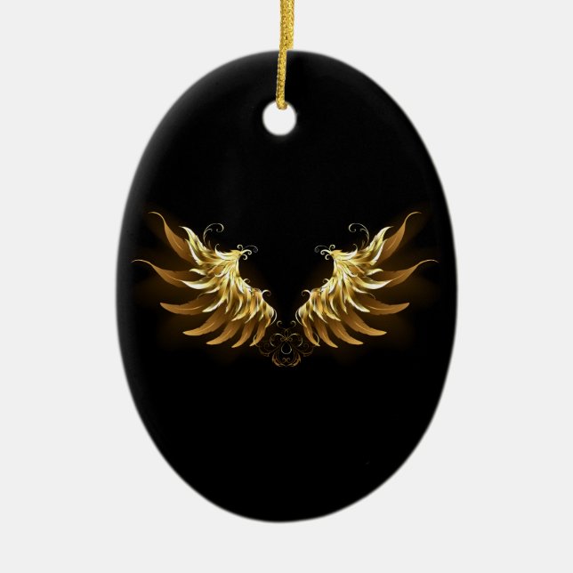 Golden Angel Wings on Black background Ceramic Tree Decoration (Front)