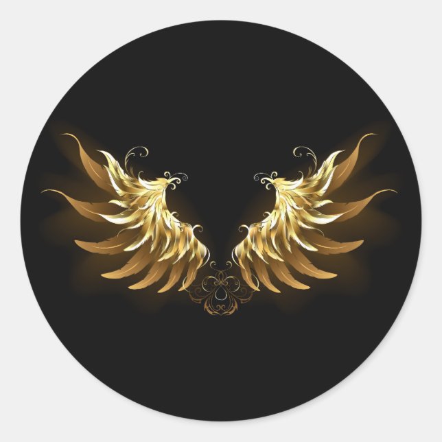 Golden Angel Wings on Black background Classic Round Sticker (Front)