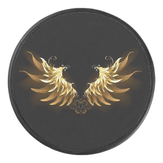 Golden Angel Wings on Black background Hockey Puck (Front)