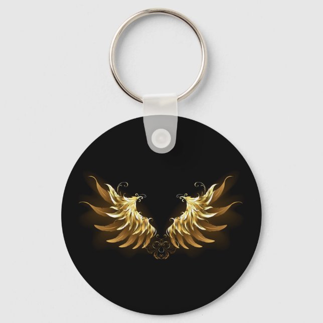 Golden Angel Wings on Black background Key Ring (Front)