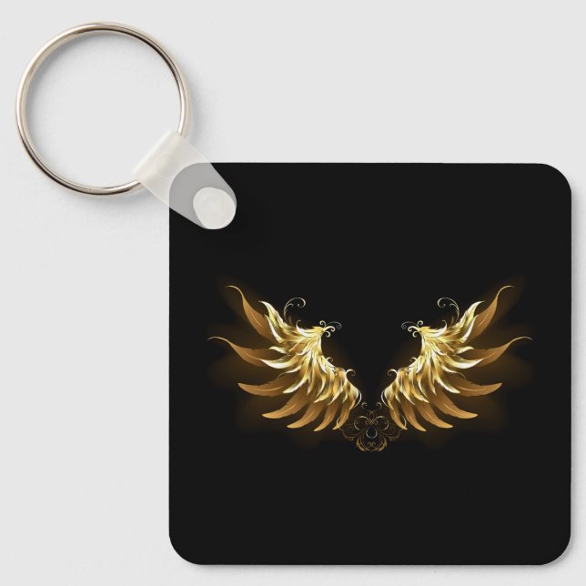 Golden Angel Wings on Black background Key Ring (Front)