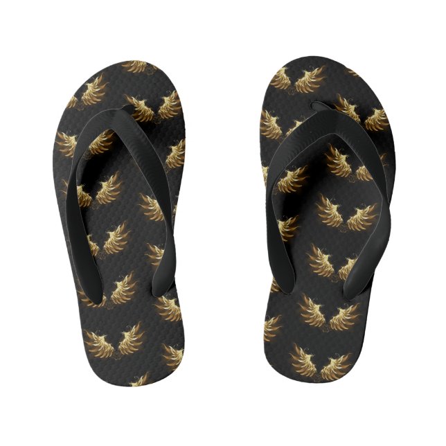 Golden Angel Wings on Black background Kid's Jandals (Footbed)