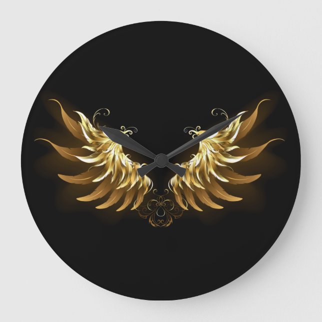 Golden Angel Wings on Black background Large Clock (Front)