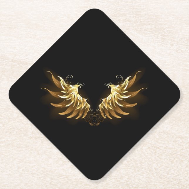 Golden Angel Wings on Black background Paper Coaster (Front)