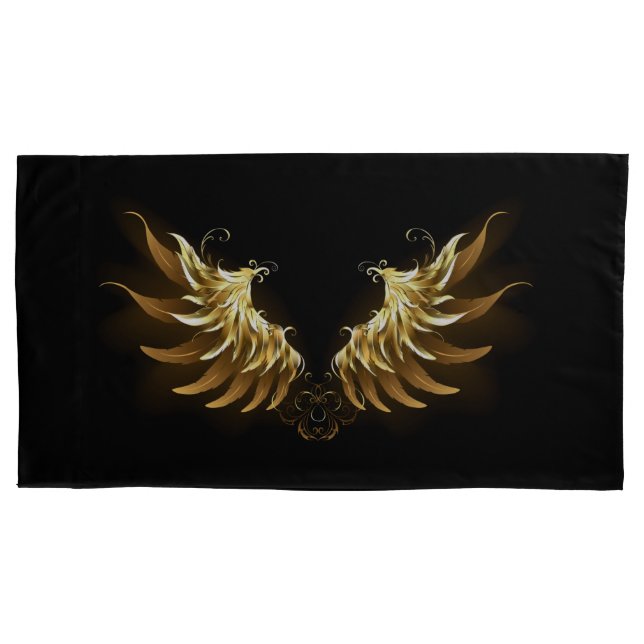 Golden Angel Wings on Black background Pillowcase (Front-Left)