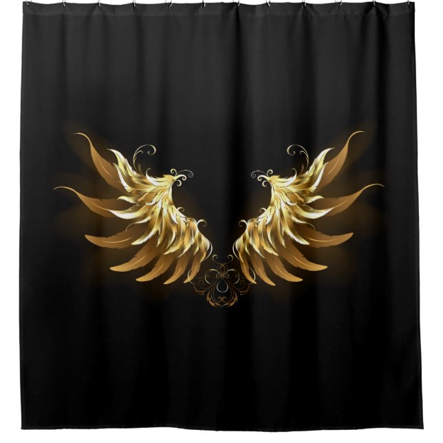 Golden Angel Wings on Black background Shower Curtain (Front)