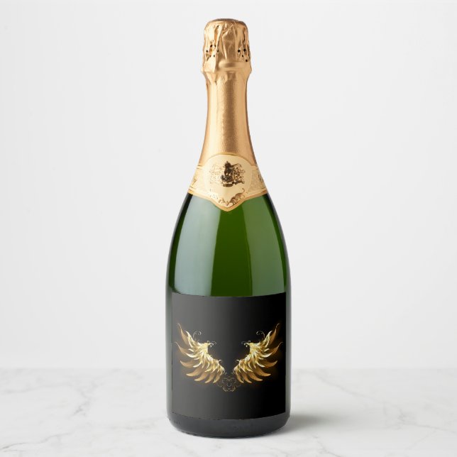 Golden Angel Wings on Black background Sparkling Wine Label (Front)