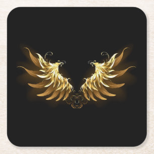 Golden Angel Wings on Black background Square Paper Coaster