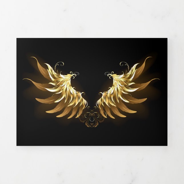 Golden Angel Wings on Black background Tri-Fold Invitation (Cover)