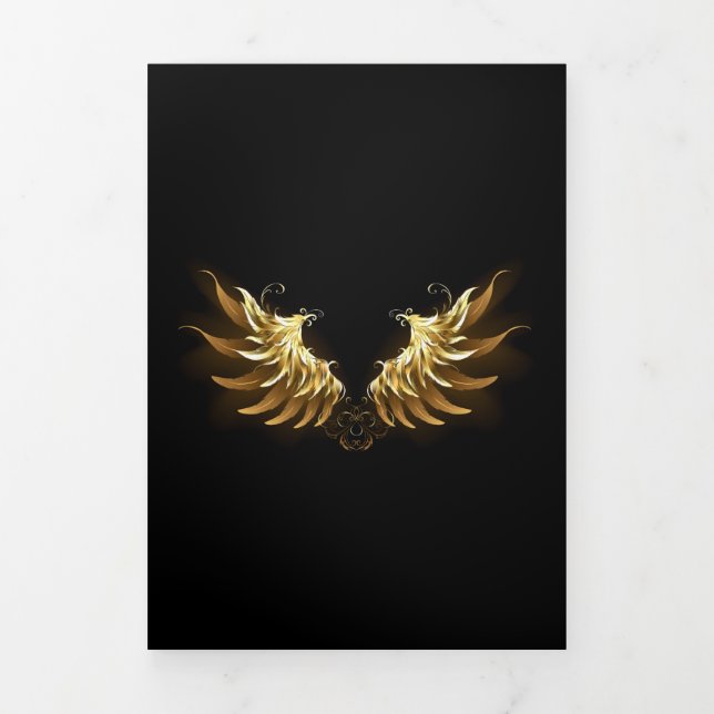 Golden Angel Wings on Black background Tri-Fold Invitation (Cover)