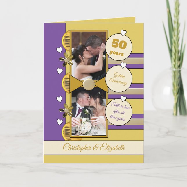 Golden Anniversary 50 years gold and purple photo Card (Front)