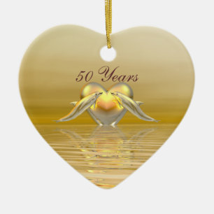 Golden Anniversary Dolphins and Heart Ceramic Tree Decoration