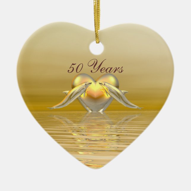 Golden Anniversary Dolphins and Heart Ceramic Tree Decoration (Front)