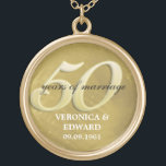 Golden Anniversary Necklace<br><div class="desc">50 years of marriage is reason to celebrate. Honour that special couple in style with this keepsake necklace. A closeup photograph of a brushed gold metal background offsets the large  "5-0" overprinted with your customised text. Add the couple's name and wedding date. Matching products available.</div>