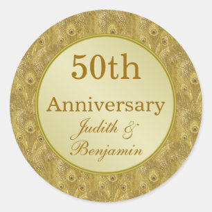 Golden Anniversary on golden peacock background Classic Round Sticker