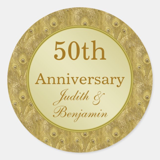 Golden Anniversary on golden peacock background Classic Round Sticker (Front)