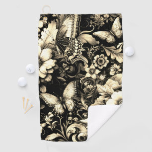 Golden Antique Floral with Butterflies Golf Towel