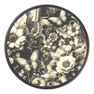  Golden Antique Floral with Butterflies  Hockey Puck