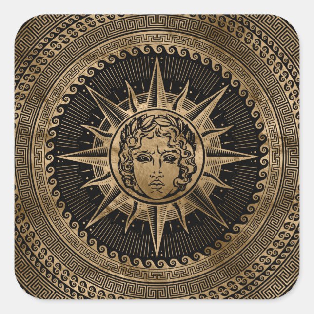 Golden Apollo Sun God on Greek Key Ornament Square Sticker (Front)