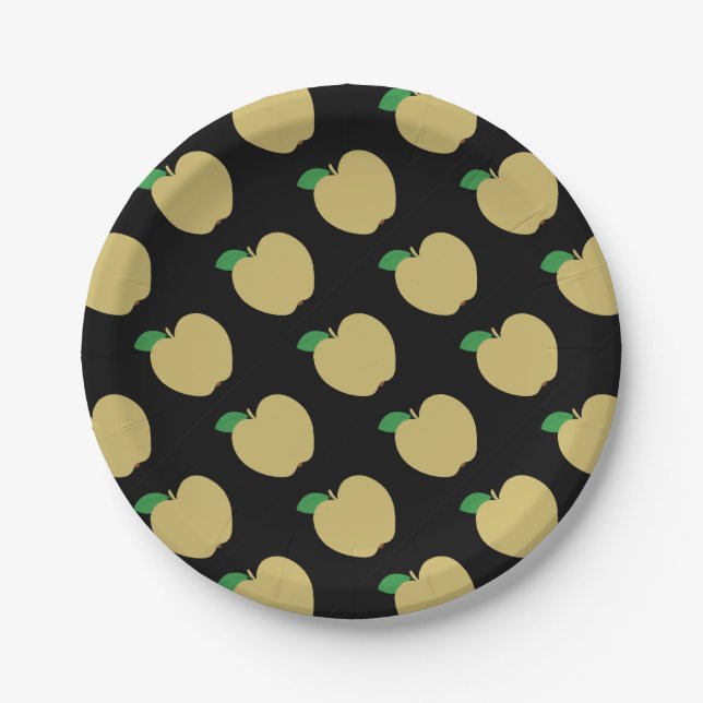 Golden Apple on Black Paper Plate (Front)