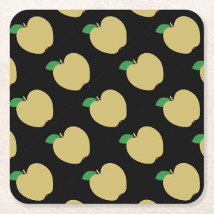 Golden Apple on Black Square Paper Coaster