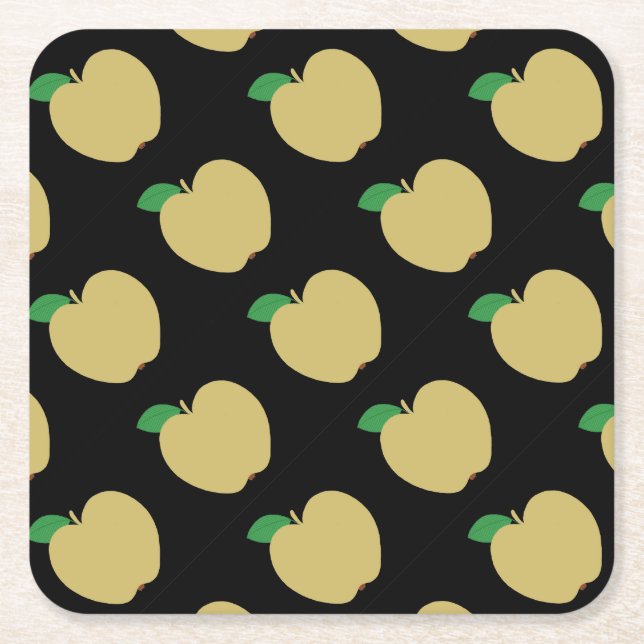 Golden Apple on Black Square Paper Coaster (Front)