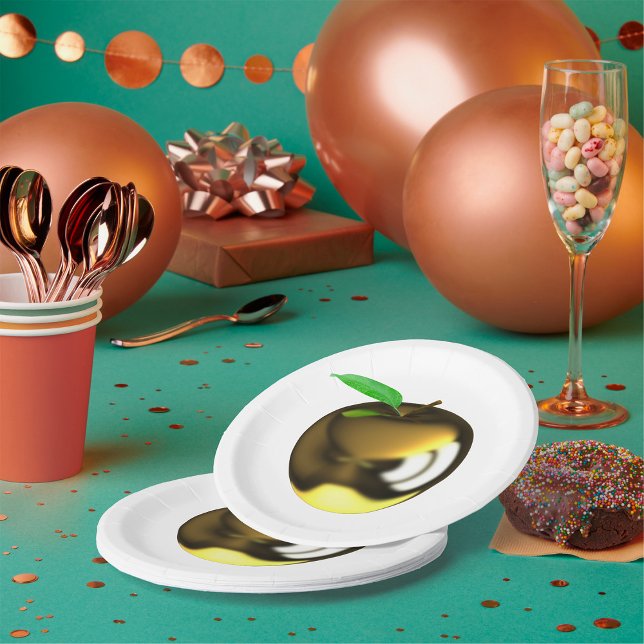 Golden Apple with Leaf Shiny Metallic Paper Plate (Creator Uploaded)