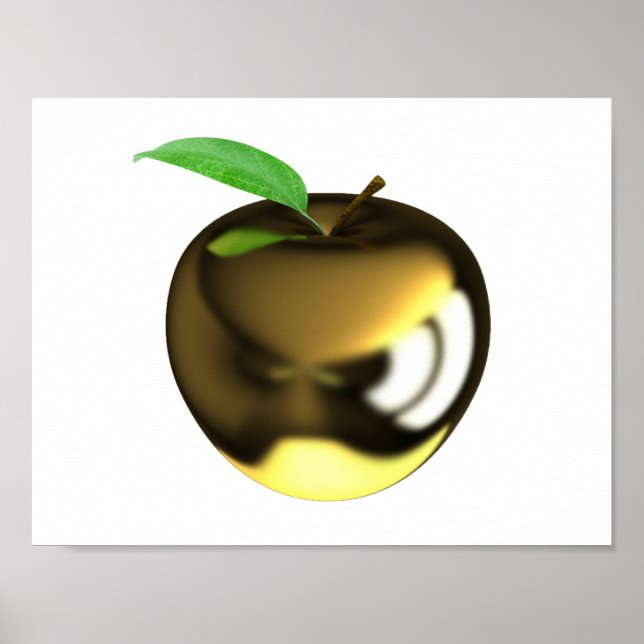 Golden Apple with Leaf Shiny Metallic Poster (Front)