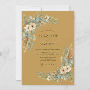 Golden Aqua Pampas Eucalyptus Wedding Invitation