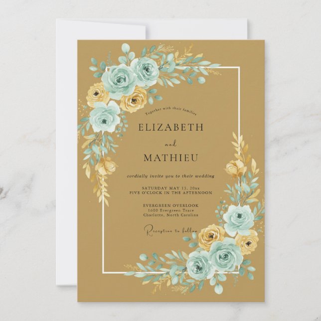 Golden Aqua Ranunculus Eucalyptus Wedding Invitation (Front)