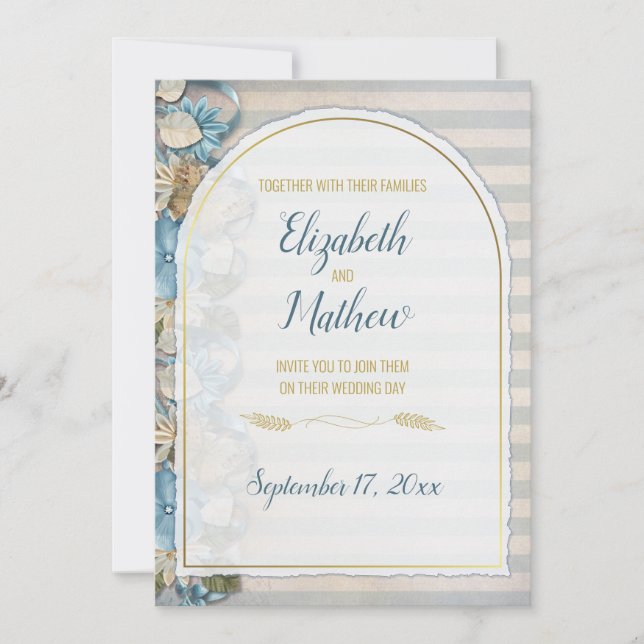 Golden Arch Boho Script Blue Chinoiserie Stripe Invitation (Front)