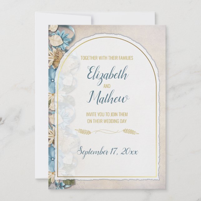 Golden Arch Boho Script Blue Chinoiserie Wedding Invitation (Front)