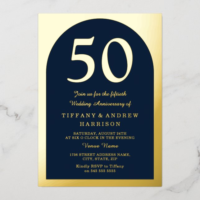 Golden Arch Navy 50th Wedding Anniversary Gold (Front)