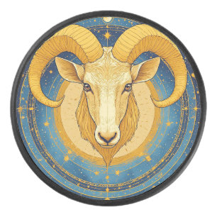 ♈ Golden Aries Blue Shield Zodiac Hockey Puck ✨