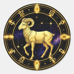 Golden Aries Zodiac Circle With Ram Classic Round Sticker