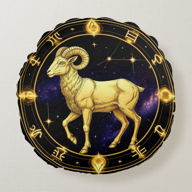 Golden Aries Zodiac Circle With Ram Round Cushion (Front)