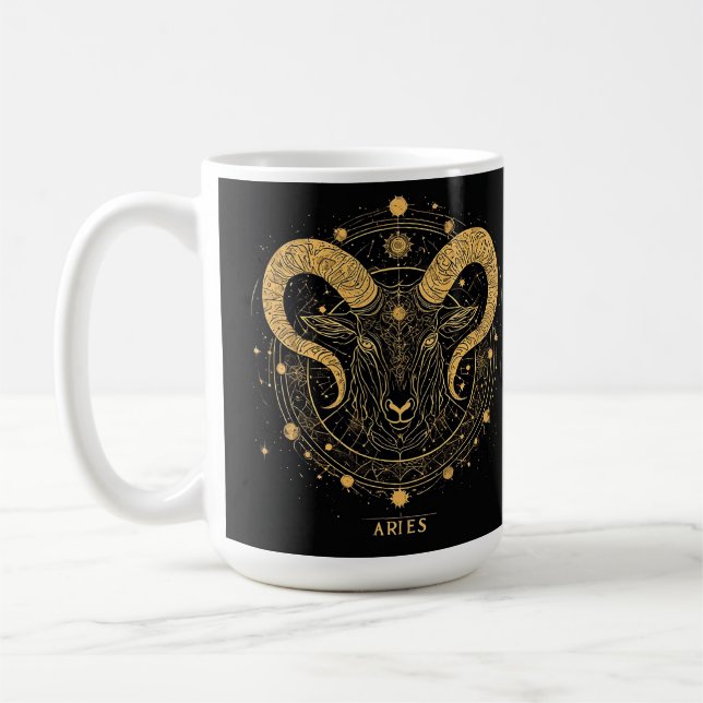 Golden Aries Zodiac Symbol With Ornaments Coffee Mug (Left)