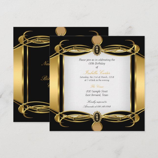 Golden Art Deco Black White Pearl Birthday Party Invitation (Front/Back)