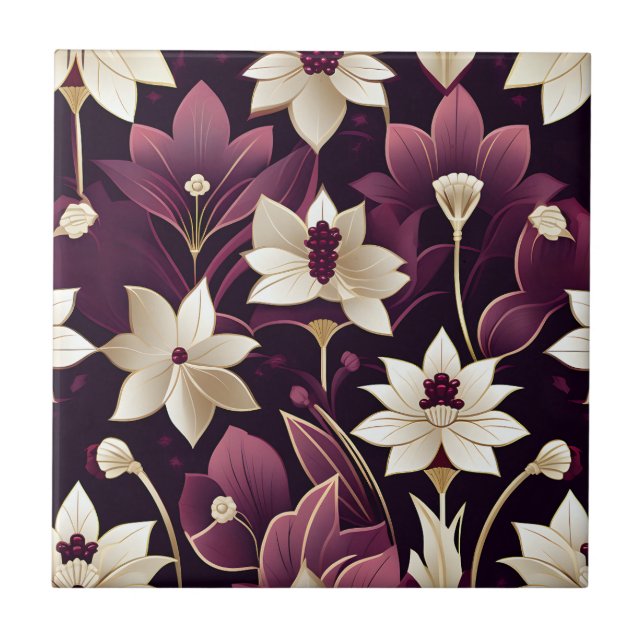 Golden Art Deco Flowers Burgundy Tile (Front)
