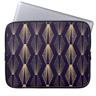 Golden art Deco Pattern. Seamless dark blue backgr Laptop Sleeve